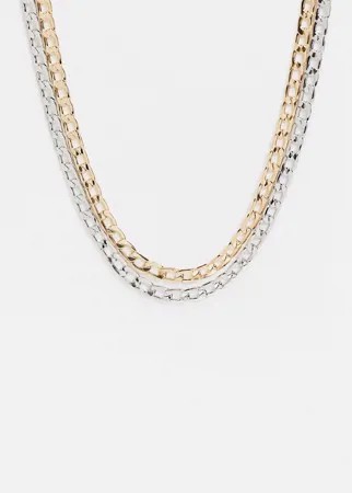 Ярусное ожерелье с плоскими звеньями золотистого и серебристого цвета Topman-Мульти