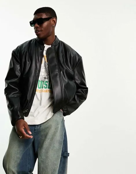 Черная кожаная куртка-бомбер оверсайз ASOS DESIGN