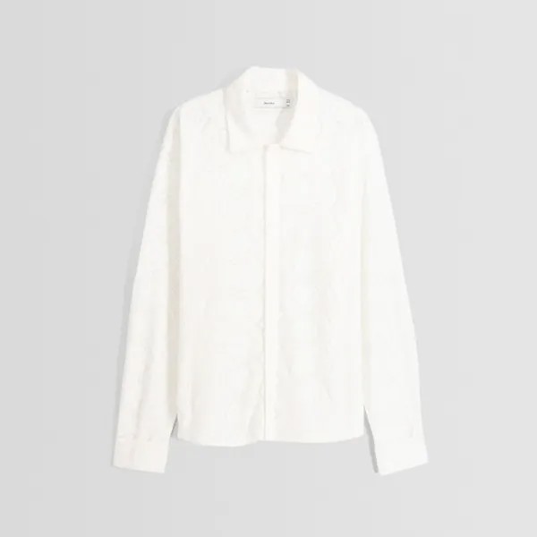 Рубашка Bershka Long Sleeve Boxy Fit Lace, бежевый