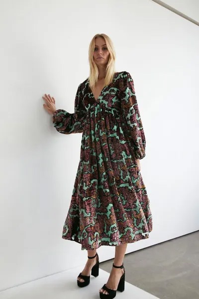 Платье миди Devore с глубоким вырезом и цветочным принтом Warehouse, зеленый