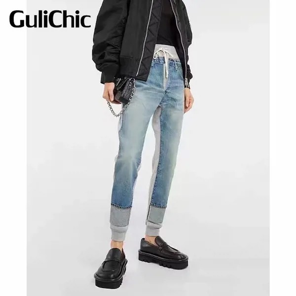 11,18 GuliChic Женские винтажные потертые джинсовые Лоскутные контрастные цвета повседневные Прямые джинсы со шнурком спортивные брюки