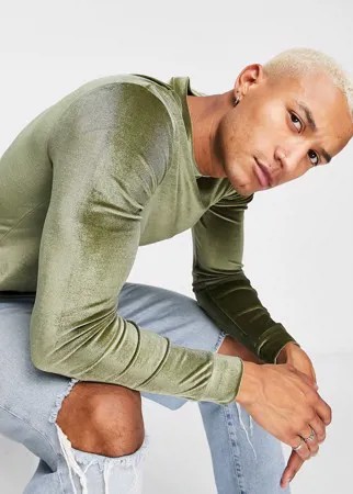 Бархатный облегающий лонгслив цвета хаки ASOS DESIGN-Зеленый цвет