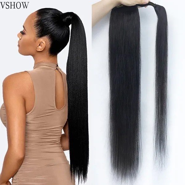 Накладной хвост человеческие волосы бразильские прямые волосы на липучке для конского хвоста Реми заколка для волос для конского хвоста удлинители для женщин VSHOW Hair