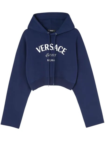 Versace укороченное худи с кулиской и вышитым логотипом, синий