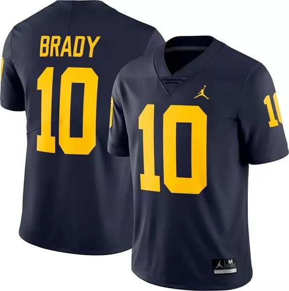 Мужская футбольная майка Jordan Michigan Wolverines Tom Brady #10 синего цвета Dri-FIT Limited
