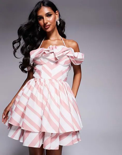 Платье мини-бандо в розовую полоску из хлопкового поплина ASOS LUXE
