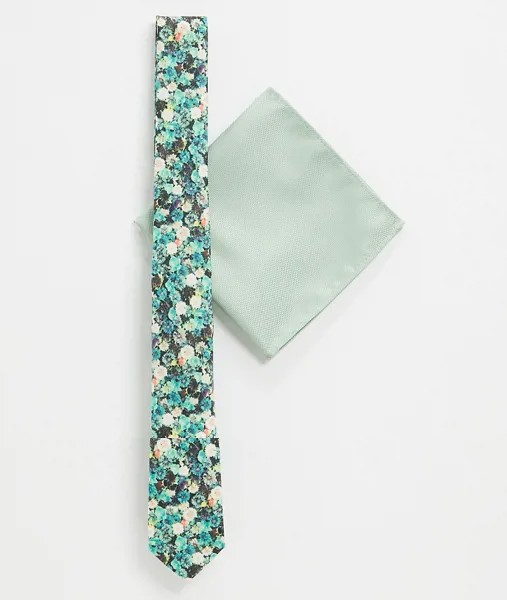 Узкий галстук с цветочным принтом и платок для пиджака мятно-зеленого цвета ASOS DESIGN-Зеленый