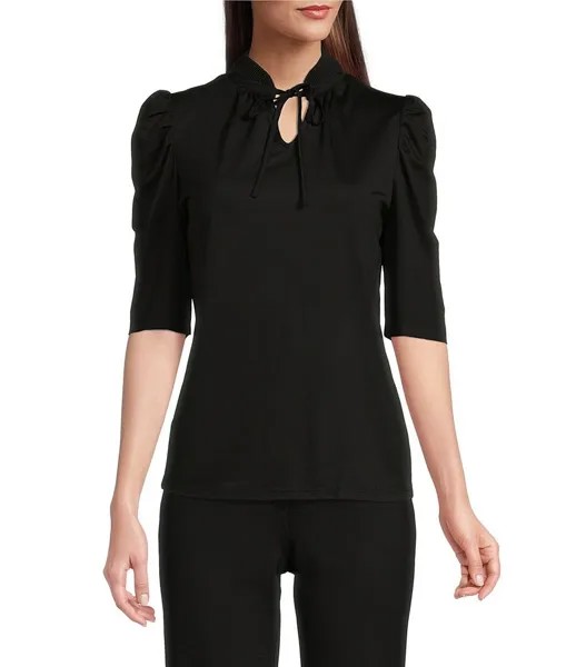 Вязаный топ Anne Klein Harmony с завязками на воротнике и короткими рукавами-буфами, черный