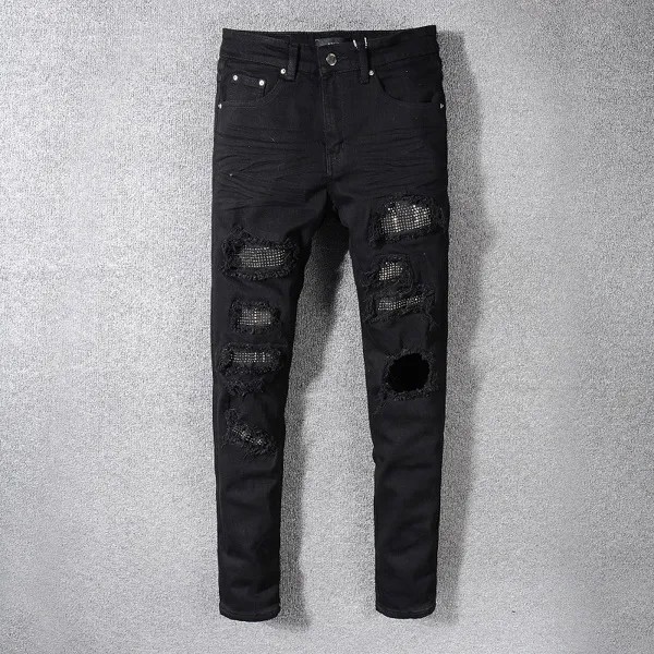 Мужские байкерские джинсы, черные рваные джинсовые брюки в стиле пэчворк, узкие прямые классические брюки