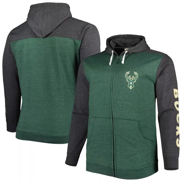 Мужская фирменная толстовка с капюшоном Hunter Green/Heathered Black Milwaukee Bucks Big & Tall с молнией во всю длину и на длинные дистанции Fanatics