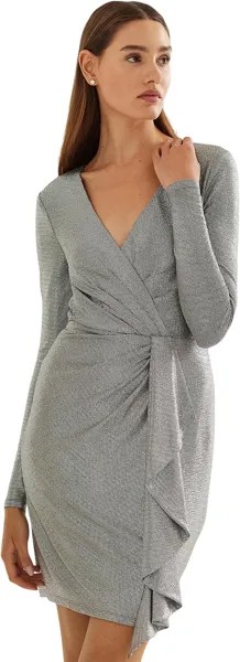 Платье LAUREN Ralph Lauren Metallic Knit Surplice Cocktail Dress, цвет Modern Slate/Silver Foil