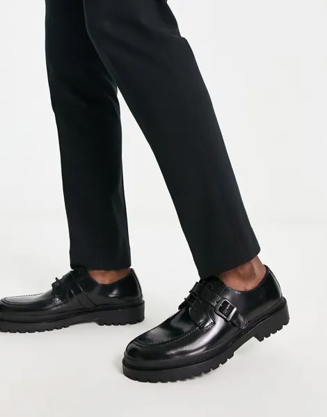 Черные кожаные массивные туфли на шнуровке с ремешком Red Tape