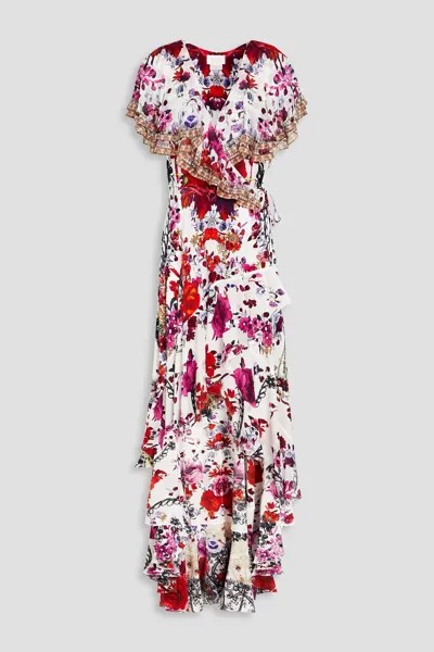 Платье макси из шелкового крепдешина с цветочным принтом и запахом CAMILLA, белый