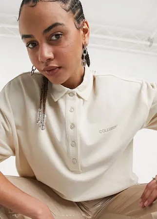 Кремовая футболка-поло из ткани пике с фирменным принтом логотипа COLLUSION-Белый