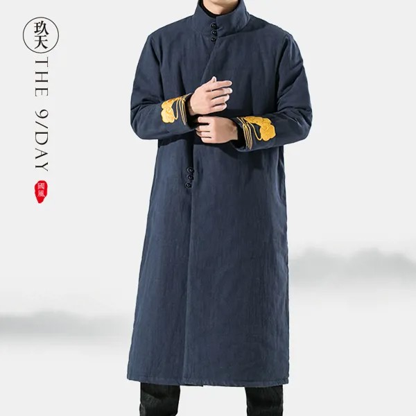 Длинная куртка с хлопковой подкладкой и вышивкой, мужской пуховик, китайский Ретро утепленный костюм Тан, свободная большая термальная кур...