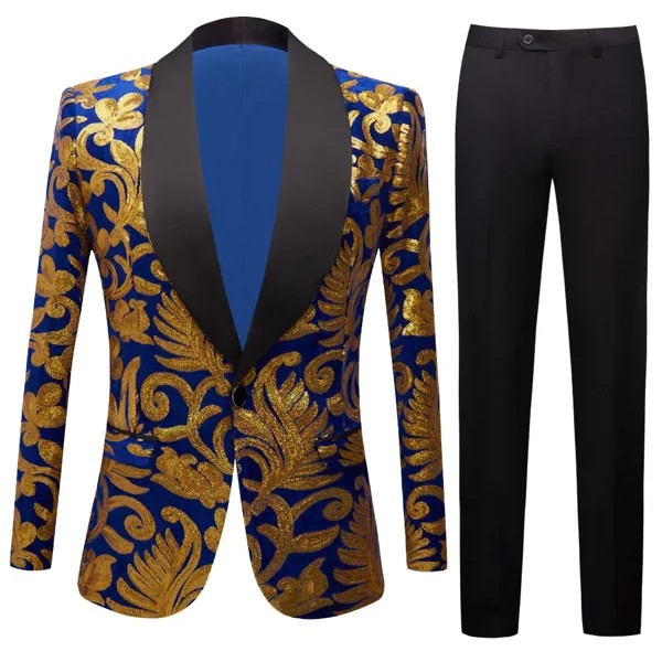 Новинка 2021, облегающий Свадебный костюм для жениха, 2 предмета, синие мужские костюмы, Роскошная золотая вышивка бисером для жениха, куртка и...