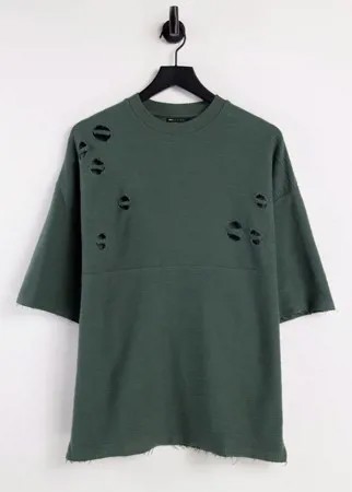 Oversized-футболка цвета хаки с рваной отделкой ASOS DESIGN-Зеленый цвет