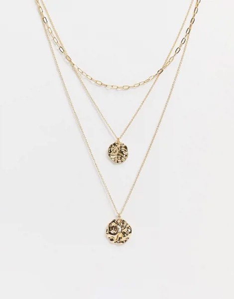 Многослойное золотистое ожерелье с чеканной подвеской Pieces-Золотистый