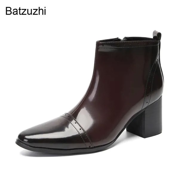 Ботинки Batzuzhi мужские на каблуке 7 см, официальные полусапожки с острым носком, натуральная кожа бордового цвета, на молнии, мужские свадебные ботинки!