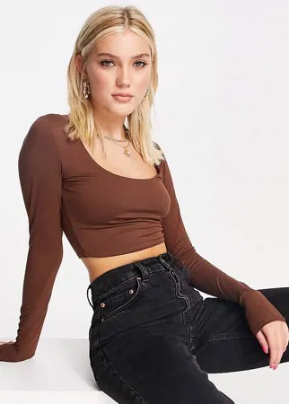 Шоколадно-коричневый лонгслив с овальным вырезом Stradivarius-Коричневый цвет