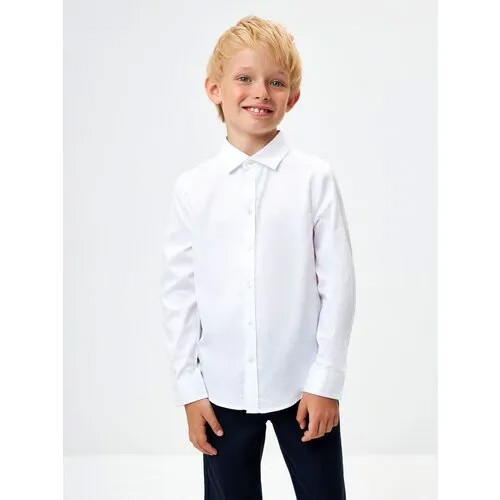 Школьная рубашка Sela, прямой силуэт, на пуговицах, длинный рукав, манжеты, однотонная, размер 134, белый
