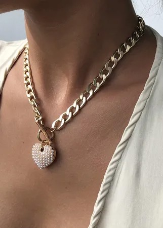 Ожерелье-цепочка с золотым жемчугом и сердечком