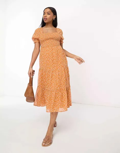 Оранжевое многоярусное платье миди с присборенной передней частью Influence