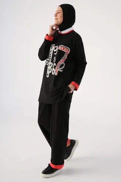 Черный хлопковый пижамный комплект с принтом ALL DAY