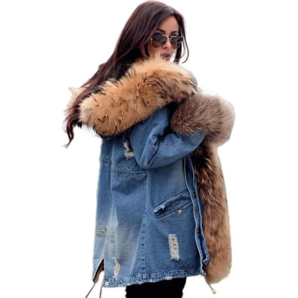 Парка Aofur Long Warm Denim Winter Faux Fur Collar Qulited Women's, синий/бежевый