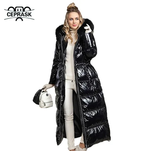 CEPRASK Мода Зимнее пуховое пальто Женщины X-Long Parkas С капюшоном Верхняя одежда Теплый искусственный мех Женщина Куртка