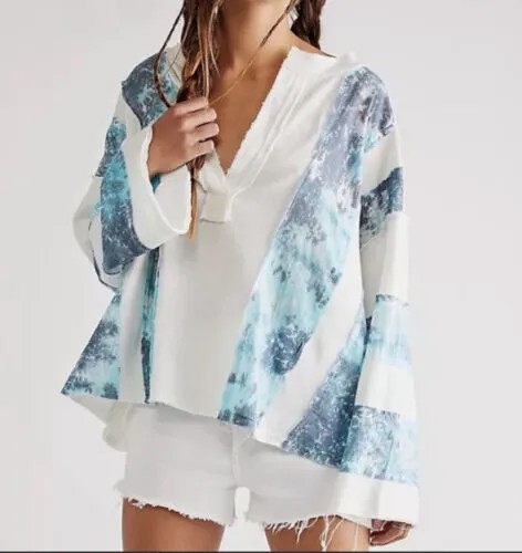 Футболка Free People Tidal Wave Туника Tie Dye Oversized Hi Lo Белая Бирюза XS NWT