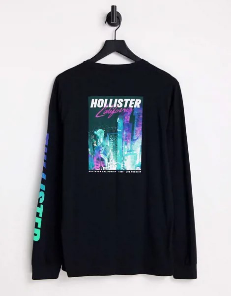 Черный лонгслив с принтом на спине Hollister