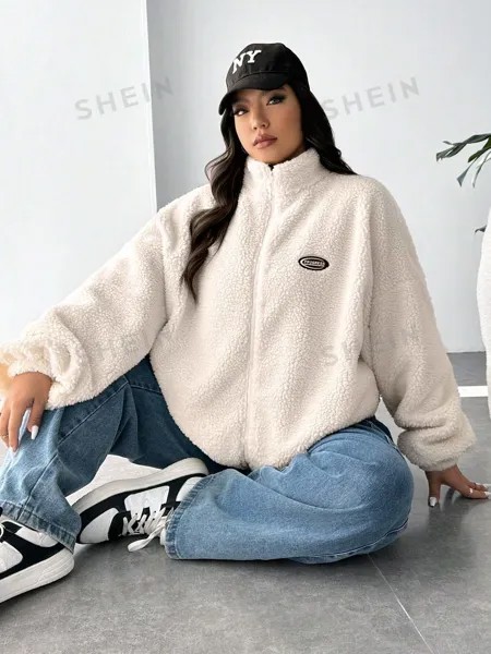 EZwear Plus Куртка с нашивкой в ​​виде тедди и буквами на молнии с заниженными плечами Shein, белый