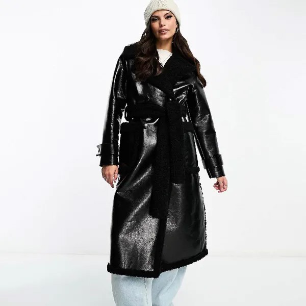 Пальто  Miss Selfridge Vinyl Borg Belted M axi, черный