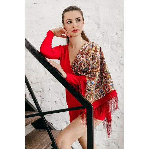 Платок Павловопосадская платочная мануфактура,89х89 см, голубой, красный