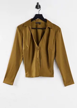 Оливковая атласная рубашка узкого кроя ASOS DESIGN-Зеленый цвет