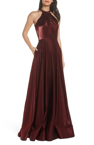 LA FEMME Бордовое красное плиссированное платье трапециевидной формы с бретелькой на шее и карманами из бисера 18 14W