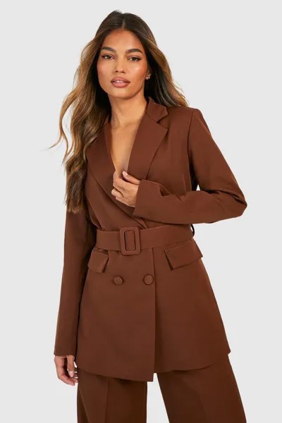 Двубортный пиджак из ткани с поясом boohoo, коричневый