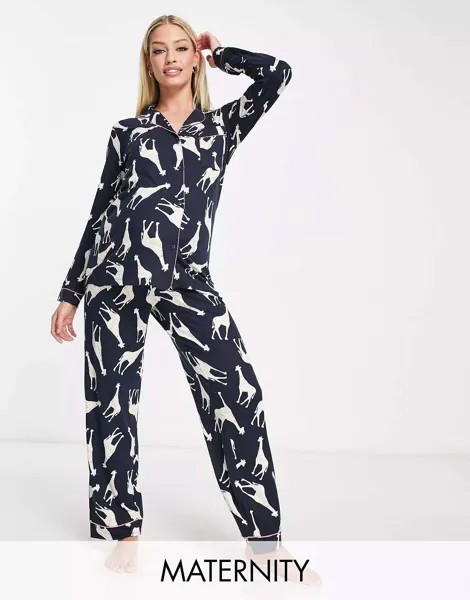 Пижамный комплект из рубашки и брюк с длинными рукавами для беременных с темно-синим принтом жирафа Chelsea Peers