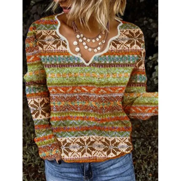 V-образный вырез Повседневный свободный винтажный геометрический свитер Пуловер