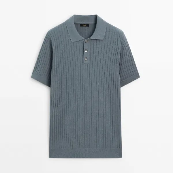 Свитер-поло Massimo Dutti Short Sleeve Ribbed Polo, пыльно-синий
