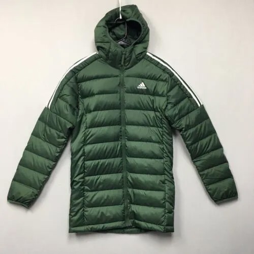 Куртка-пуховик Adidas (мужской размер S) Зеленое пальто с капюшоном на молнии Essentials