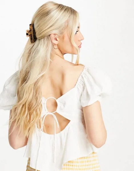Кремово-белая поплиновая блузка с объемными рукавами и завязкой на спине Skylar Rose-Белый
