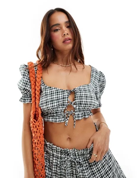 Топ Asos Design Tie Front In Mono Gingham Co-ord, мультиколор