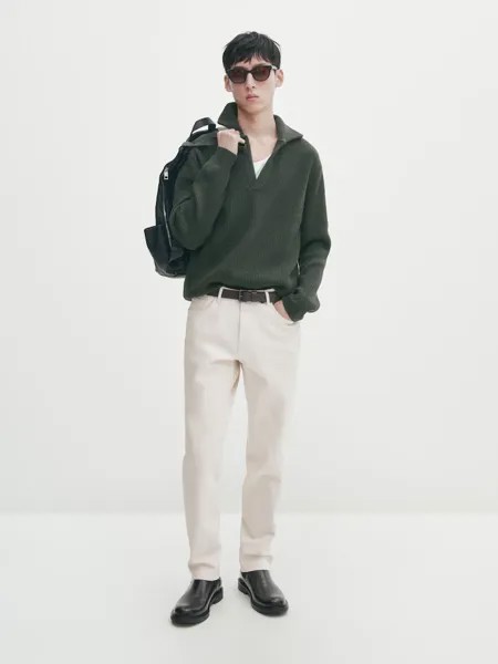Свитер-Поло из смесовой шерсти в рубчик Massimo Dutti, зеленый