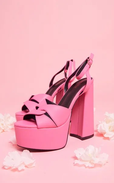 PrettyLittleThing Розовые босоножки на блочном каблуке из искусственной кожи на массивной платформе с переплетенными ремешками
