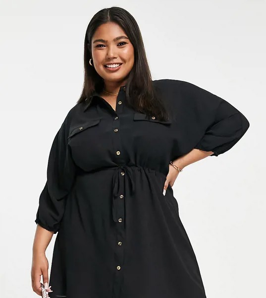 Черное платье-рубашка с завязкой спереди In The Style Plus x Jac Jossa-Черный цвет