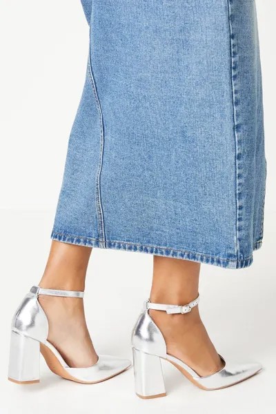 Туфли-лодочки Blanche на высоком блочном каблуке с ремешком на щиколотке Dorothy Perkins, серебро