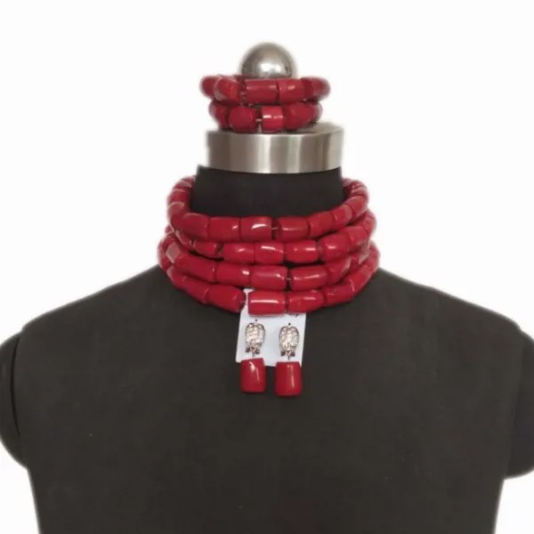 4UJewelry 12-13 мм красные коралловые бусины Африканский ювелирный набор для нигерийских женщин колье кулон ожерелье набор 4 слоя костюм ювелирны...