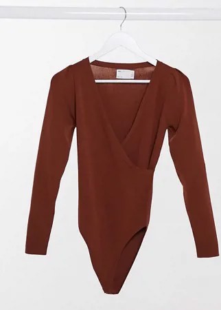 Коричневое трикотажное боди с запахом ASOS DESIGN Tall-Белый